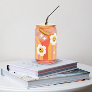 Tasse en verre esthétique rétro groovy avec fleurs arc-en-ciel | Verre à café de 473 ml avec couvercle et paille | Idée cadeau