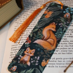 Bookmark Illustrated Green Birds Mushroom Forest Fox Bookmark Book lover Bookmark with tassel  Present for reader  Illustration bookmark