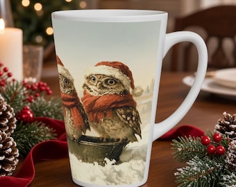 Christmas Owl Latte Mug - Vintage Winter Bird Art Gift