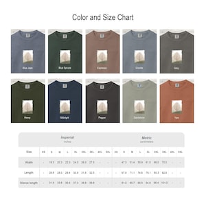 May include: A color and size chart displays various t-shirt colors, including Blue Jean, Blue Spruce, and Espresso. Each shirt features a tree graphic. The chart includes measurements in inches for width, length, and sleeve length, ranging from XS to 5XL.