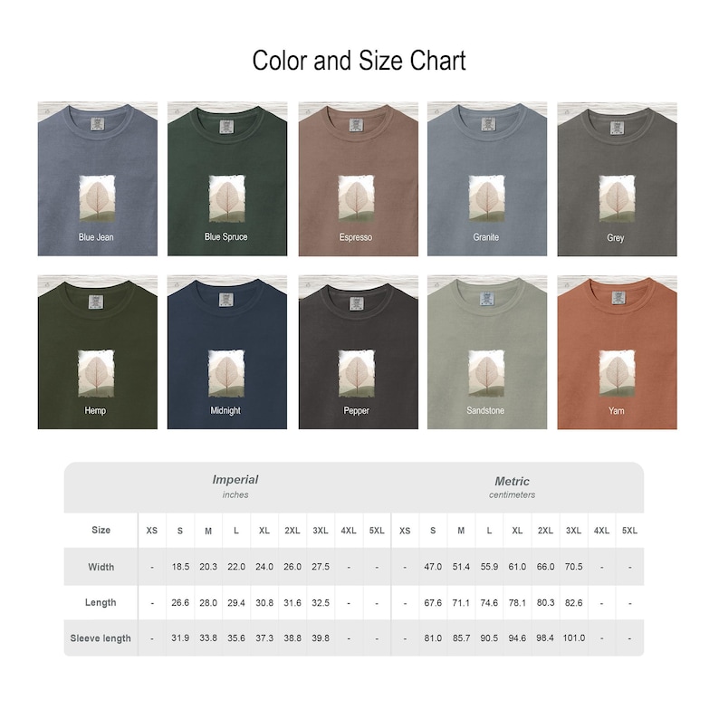 May include: A color and size chart displays various t-shirt colors, including Blue Jean, Blue Spruce, and Espresso. Each shirt features a tree graphic. The chart includes measurements in inches for width, length, and sleeve length, ranging from XS to 5XL.
