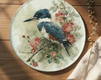 Belted Kingfisher Round Glass Cutting Board, Vintage Watercolor Bird Art Serving Board