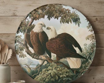 Bald Eagle Round Glass Cutting Board, Vintage Wildlife Art Charcuterie Board