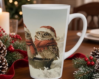 Christmas Owl Latte Mug - Vintage Winter Bird Art Gift