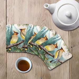 Nature-Inspired Cedar Waxwing Coaster Set,  Rustic Home Decor Gift, Bird Lover Gifts