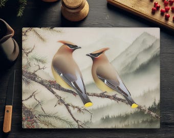 Cedar Waxwing Tempered Glass Cutting Board, Watercolor Nature Kitchen Décor