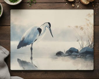 Blue Heron Tempered Glass Cutting Board, Watercolor Nature Kitchen Décor