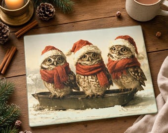 Christmas Owl Tempered Glass Cutting Board, Holiday Charcuterie Board, Kitchen Gift