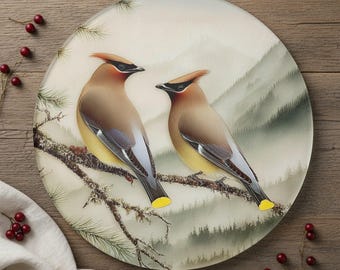 Cedar Waxwing Round Glass Cutting Board, Watercolor Bird Charcuterie Board