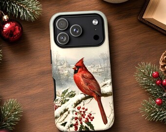 Cardinal Phone Case, Vintage Watercolor Winter Bird Art, Holiday Nature Gift