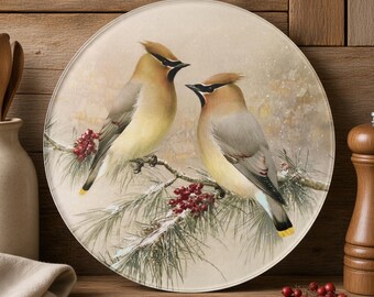 Cedar Waxwing Round Glass Cutting Board, Charcuterie Board Winter Gifts
