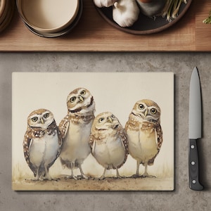 Burrowing Owl Tempered Glass Cutting Board, Nature-Inspired Kitchen Decor, Whimsical Bird Housewarming Gift for Home Chef