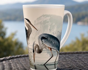 Blue Heron Latte Mug, Watercolor Wetland Bird Art, Gift for Bird Lover