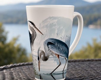 Blue Heron Latte Mug, Watercolor Wetland Bird Art, Gift for Bird Lover