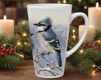 Blue Jay Tall Latte Mug, Winter Mug Gift
