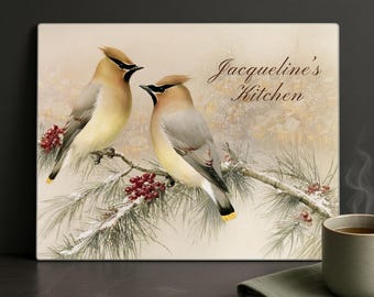 Personalized Cedar Waxwing Glass Cutting Board, Custom Name Charcuterie Board, Winter Bird Christmas Gift