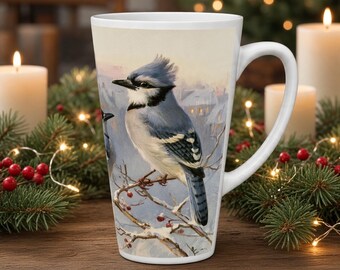 Blue Jay Tall Latte Mug, Winter Mug Gift