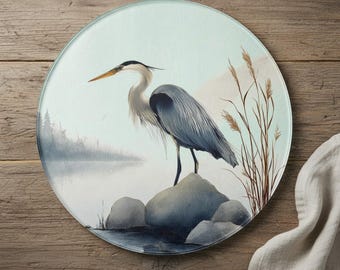 Blue Heron Round Glass Cutting Board, Vintage Bird Art Kitchen Gift