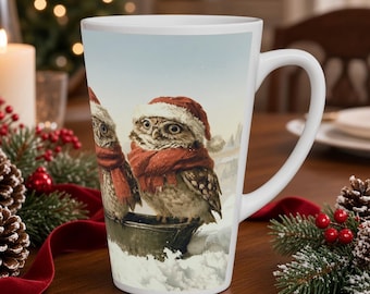 Christmas Owl Latte Mug - Vintage Winter Bird Art Gift