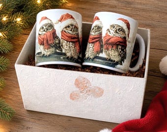 Christmas Owl Coffee Mug Gift - Set of 2 with Gift Box and Personalized Card