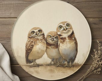 Burrowing Owl Trio Round Glass Cutting Board, Vintage Watercolor Nature Kitchen Decor
