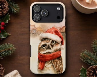 Burrowing Owl Christmas Phone Case, Whimsical Holiday Bird Art