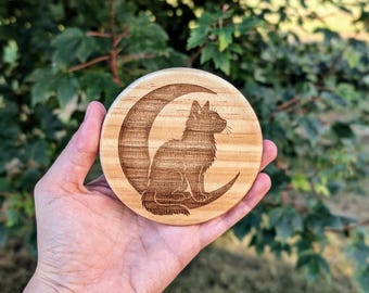 Engraved Wooden Coaster – Cat and Cresent Moon Design | Handmade for Nature & Art Lovers
