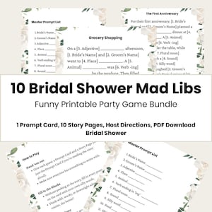 Peut inclure: Un ensemble de jeux de société imprimables "10 Bridal Shower Mad Libs". Le pack comprend des cartes d'invites, des pages d'histoires et des instructions pour l'hôte. Le jeu est conçu pour une fête prénuptiale et propose des histoires à compléter.