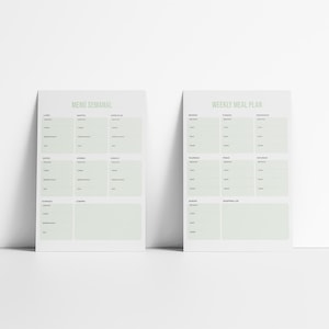 Weekly menu planner download available in English and Spanish. Meal organizer and shopping list. Meal planner.