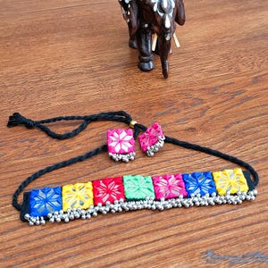 Mirror&gungroo embellished choker set with earrings.Navratri,Ethnic,Boho Indian,Handmade,Festive,Colourful,Ecofriendly,Artisan jewellery