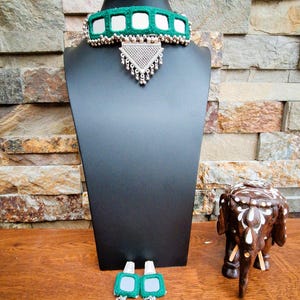Mirror & embellished green choker set with earrings. Navratri,Ethnic,Boho Indian,Handmade,Festive,Colourful,Ecofriendly,Artisan jewellery
