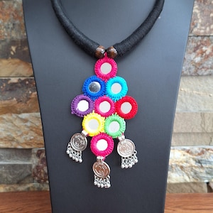 Mirror,gungroo&coin embellished necklace set with earrings.Navratri,Ethnic,Boho Indian,Handmade,Festive,Colorful,Ecofriendly,Artisan jewelry