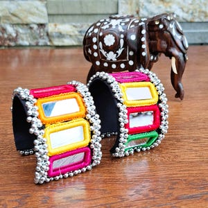 Mirror&gungroo embellished Kada set of 2. Navratri,Ethnic,Boho Indian,Handmade,Festive,Colourful,Ecofriendly,Artisan jewellery, bangles