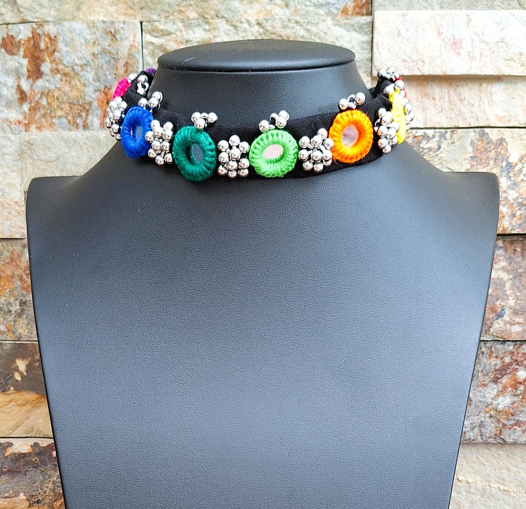 Mirror&ghungaroo embellished choker set with earrings.Navratri,Ethnic,Boho Indian,Handmade,Festive,Colourful,Eco friendly,Artisan jewellery