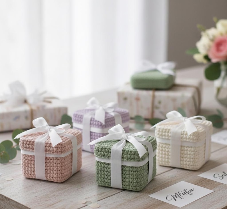 May include: A collection of small, square crochet gift boxes in pastel colors: pink, green, and cream. Each box is tied with a white satin ribbon. The boxes are arranged on a light wooden surface.