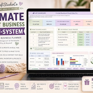 Puede incluir: Una computadora portátil muestra un planificador de negocios de crochet con un panel que muestra las ventas, las ganancias y el ROI de las redes sociales. La pantalla muestra datos, gráficos y el texto "Ultimate Crochet Business Smart-System".