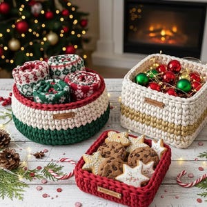 Christmas Basket Pattern Set | Beginner Crochet Pattern | Digital Download for Mini, Round & Square Basket | Holiday Gift Basket Home Decor