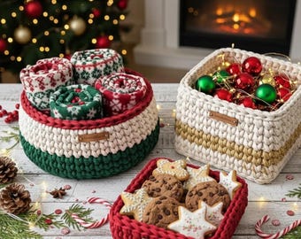 Patroonset kerstmand | Haakpatroon voor beginners | Digitale download voor mini, ronde en vierkante mand | Kerstcadeaumand Woondecoratie