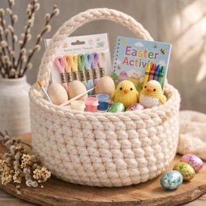 Op de afbeelding: Een cr&egrave;mekleurige, gehaakte paasmand gevuld met knutselspullen. De mand bevat houten eieren, verf, borduurgaren, een activiteitenboek en twee gele kuikenbeeldjes. Decoratieve paaseieren liggen op het houten oppervlak.