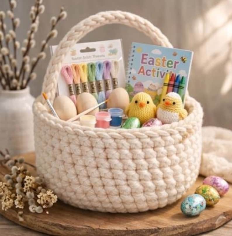 Op de afbeelding: Een cr&egrave;mekleurige, gehaakte paasmand gevuld met knutselspullen. De mand bevat houten eieren, verf, borduurgaren, een activiteitenboek en twee gele kuikenbeeldjes. Decoratieve paaseieren liggen op het houten oppervlak.