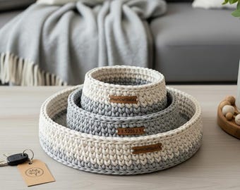 Patroon gehaakte mand - Woondecoratie - Set van 3 neutrale opbergbakken (pdf voor beginners)