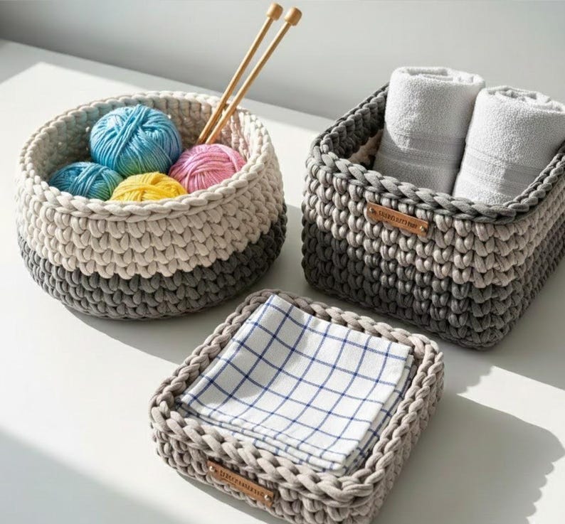 May include: A set of three handmade crochet baskets in neutral tones. The round basket holds yarn and knitting needles. The rectangular basket contains rolled white towels. The square basket holds a folded checkered cloth.