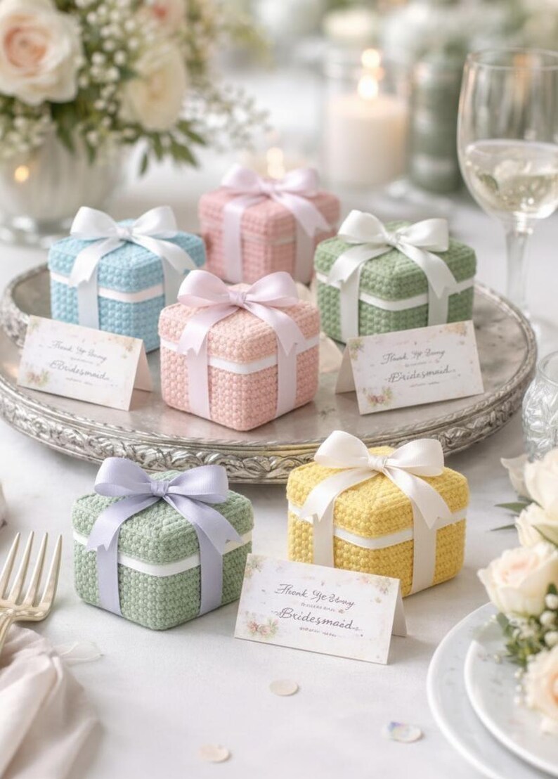 May include: A collection of colorful, crocheted gift boxes with satin ribbon bows. The boxes are in shades of blue, pink, green, lavender, and yellow. Each box has a white ribbon band and a small card that reads "Thank You Bridesmaid."
