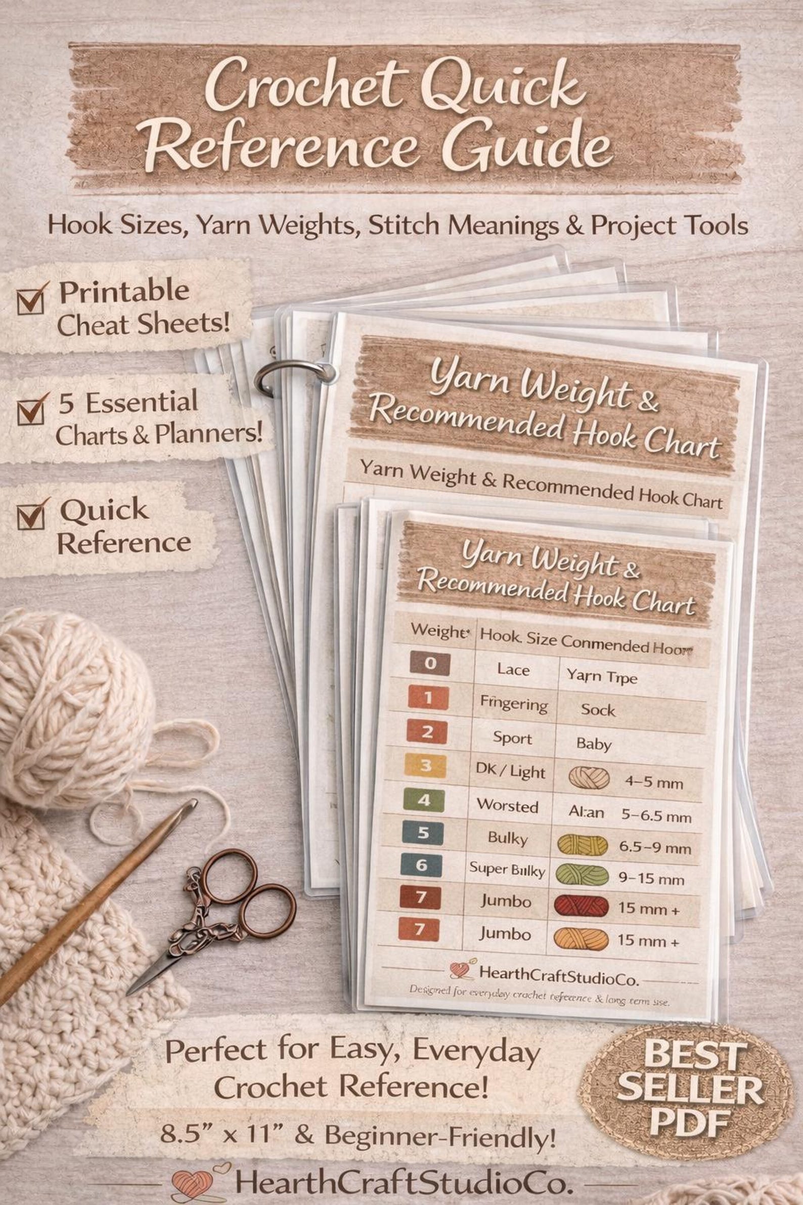 Crochet Quick Reference Guide | Hook Size, Yarn Weight, Stitch Chart ...