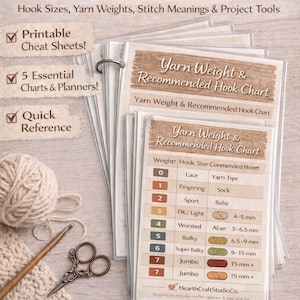 May include: A crochet reference guide with charts and planners. The guide includes hook sizes, yarn weights, and stitch meanings. A ball of yarn, crochet hook, and scissors are visible. The guide is 8.5" x 11" and beginner-friendly.