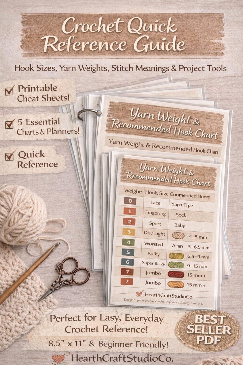 Crochet Quick Reference Guide | Hook Size, Yarn Weight, Stitch Chart ...