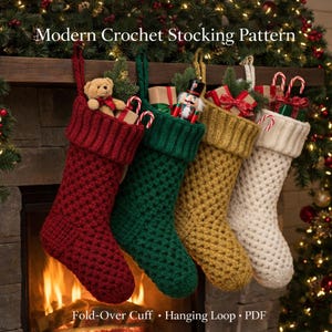Patrón moderno de ganchillo para calcetín navideño / Textura acanalada, puño doblado y asa para colgar / PDF para principiantes