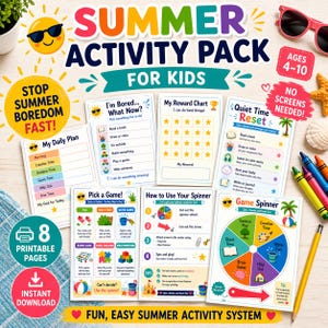 May include: A colorful summer activity pack for kids, featuring printable pages with daily plans, reward charts, and game spinners. Includes fun activities like reading, drawing, and outdoor play. Ages 4-10. The text says "Stop Summer Boredom Fast!"
