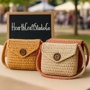 Könnte beinhalten: Drei gehäkelte Umhängetaschen in Senfgelb, Beige und Koralle. Jede Tasche hat einen Klappenverschluss mit einem großen Holzknopf und einem passenden Riemen. Die Taschen werden vor einem Schild mit der Aufschrift "HearthCraftStudioCo." ausgestellt.