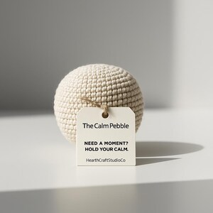 Peut inclure: Une sphère beige crochetée, "The Calm Pebble", avec une étiquette indiquant "NEED A MOMENT? HOLD YOUR CALM." L'étiquette comprend également le nom de la boutique, HearthCraftStudioCo. L'objet est un anti-stress.